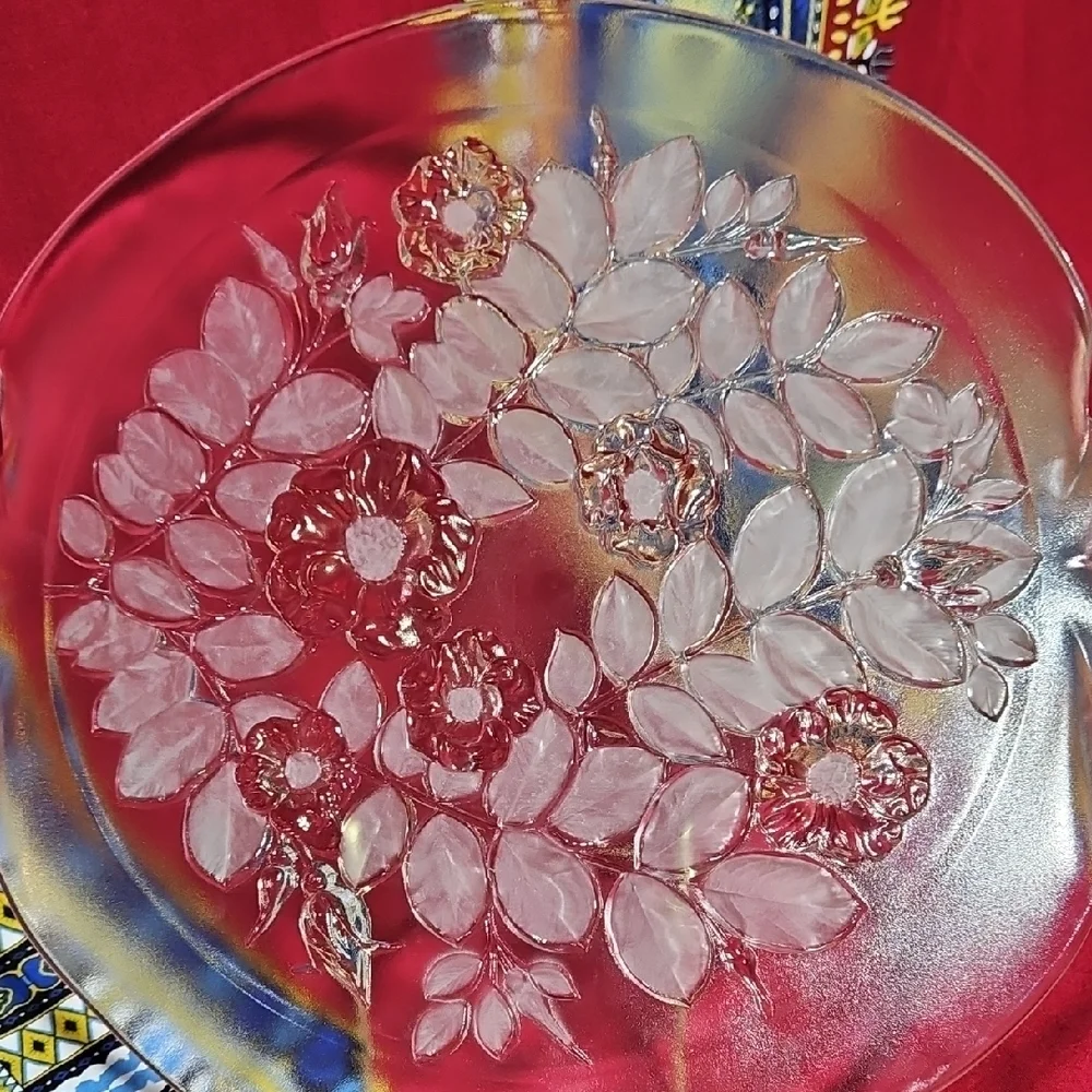 VTG Walther Glas Rosella Pink Frosted Floral Glass Platter NWT Germany